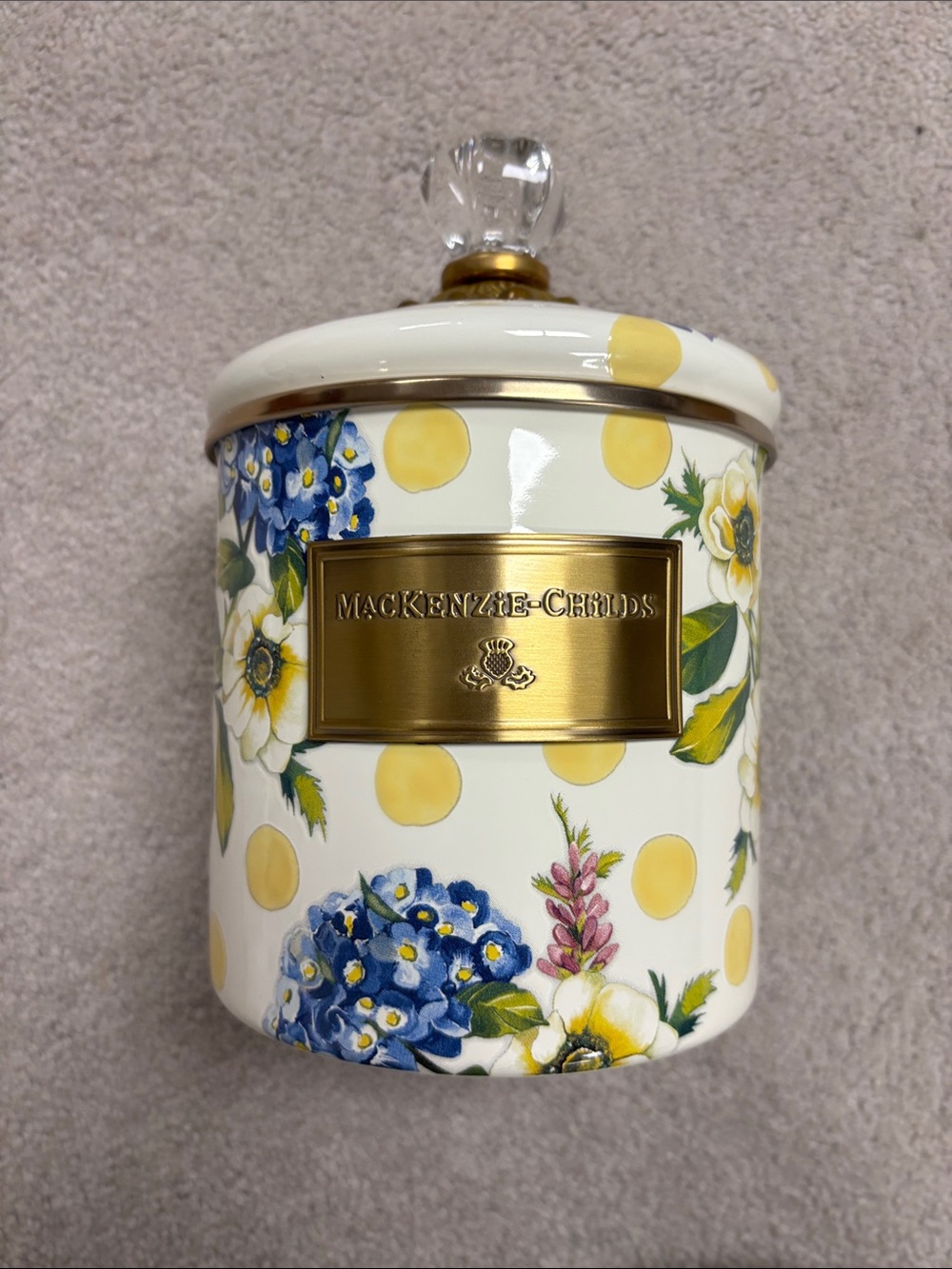 MacKenzie-Childs Yellow Polka Dot & Blue Floral Canister with Gold Label